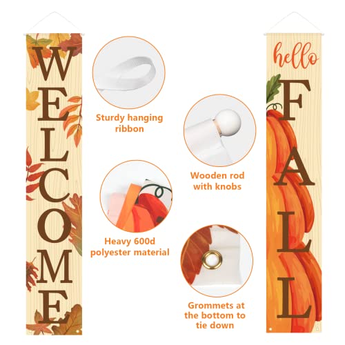 Fall Decor- Fall Decorations for Home - Welcome & Hello Fall Signs for Front Door Harvest Decoration - Hanging Leaves and Pumpkins Porch Banners for Autumn Home Decor