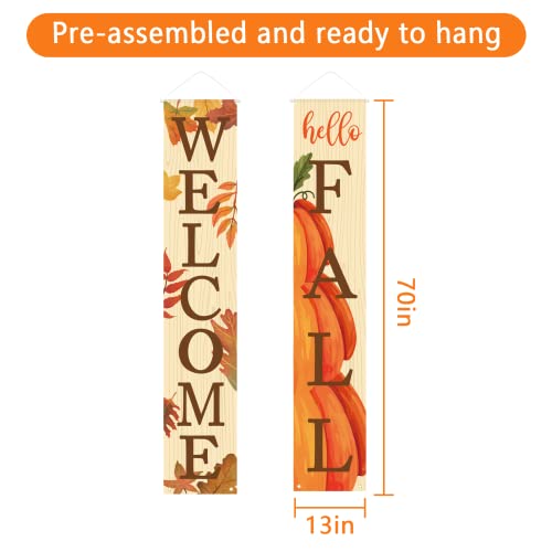 Fall Decor- Fall Decorations for Home - Welcome & Hello Fall Signs for Front Door Harvest Decoration - Hanging Leaves and Pumpkins Porch Banners for Autumn Home Decor