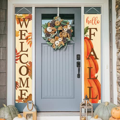 Fall Decor- Fall Decorations for Home - Welcome & Hello Fall Signs for Front Door Harvest Decoration - Hanging Leaves and Pumpkins Porch Banners for Autumn Home Decor