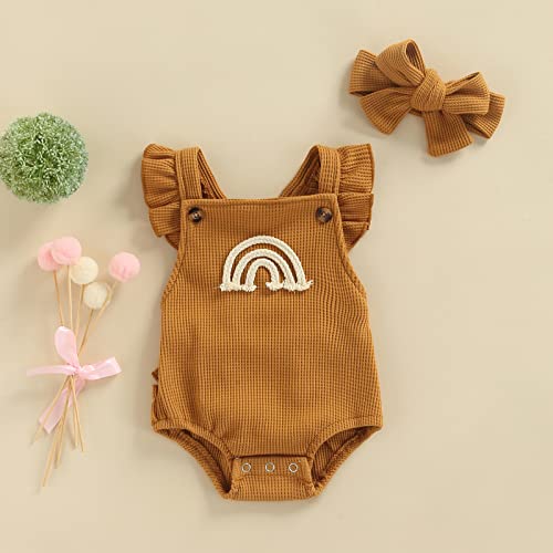 Baby Girl Bubble Romper Oversized Onesie Halter Overall Ruffle Jumpsuit Boho Summer Clothes Cute Outfit (SA Waffle Boho Rainbow Caramel, 0-3 Months)