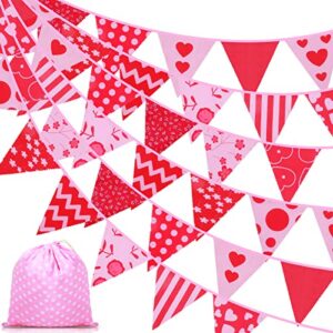 40 feet fabric pennants bunting banner triangle flag garland vintage bunting 42 pieces floral triangle flags cloth garland for birthday parties valentine decoration (red hearts)