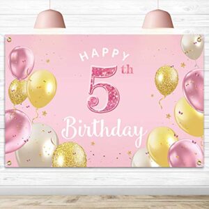 pakboom happy 5th birthday backdrop banner – 5 birthday party decorations supplies for girls – pink 3.9 x 5.9ft