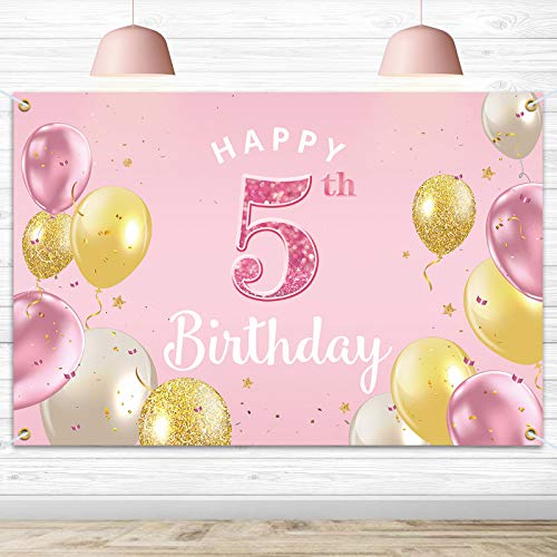 PAKBOOM Happy 5th Birthday Backdrop Banner - 5 Birthday Party Decorations Supplies for Girls - Pink 3.9 x 5.9ft