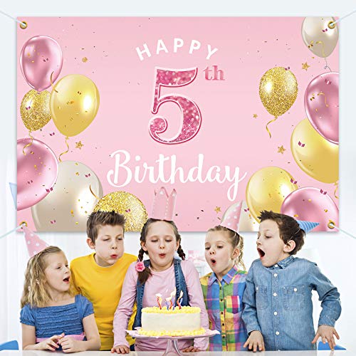 PAKBOOM Happy 5th Birthday Backdrop Banner - 5 Birthday Party Decorations Supplies for Girls - Pink 3.9 x 5.9ft