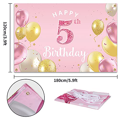 PAKBOOM Happy 5th Birthday Backdrop Banner - 5 Birthday Party Decorations Supplies for Girls - Pink 3.9 x 5.9ft