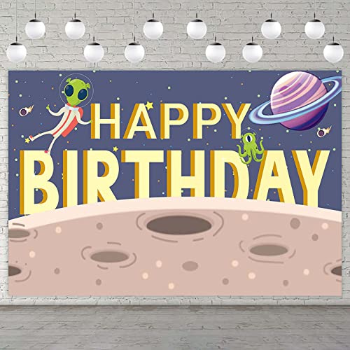 Cartoon Alien Happy Birthday Banner Backdrop Background Outer Space Invaders ET and UFO Monster Theme Decorations Decor for Boys Girls 1st Birthday Out of This World Party Supplies Favors