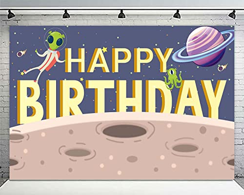 Cartoon Alien Happy Birthday Banner Backdrop Background Outer Space Invaders ET and UFO Monster Theme Decorations Decor for Boys Girls 1st Birthday Out of This World Party Supplies Favors