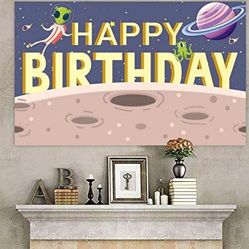 Cartoon Alien Happy Birthday Banner Backdrop Background Outer Space Invaders ET and UFO Monster Theme Decorations Decor for Boys Girls 1st Birthday Out of This World Party Supplies Favors