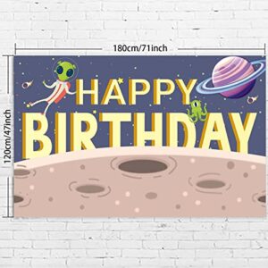 Cartoon Alien Happy Birthday Banner Backdrop Background Outer Space Invaders ET and UFO Monster Theme Decorations Decor for Boys Girls 1st Birthday Out of This World Party Supplies Favors
