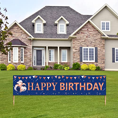 Rose Gold Navy Blue Happy Birthday Banner Decorations, Happy Birthday Yard Sign Party Supplies for Women Girls, 16th 21st 30th 40th 50th 60th Bday Party Decor for Outdoor Indoor