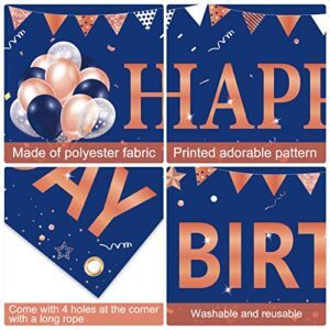 Rose Gold Navy Blue Happy Birthday Banner Decorations, Happy Birthday Yard Sign Party Supplies for Women Girls, 16th 21st 30th 40th 50th 60th Bday Party Decor for Outdoor Indoor