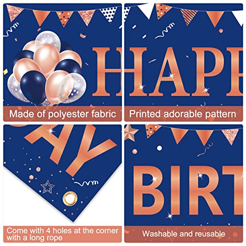 Rose Gold Navy Blue Happy Birthday Banner Decorations, Happy Birthday Yard Sign Party Supplies for Women Girls, 16th 21st 30th 40th 50th 60th Bday Party Decor for Outdoor Indoor