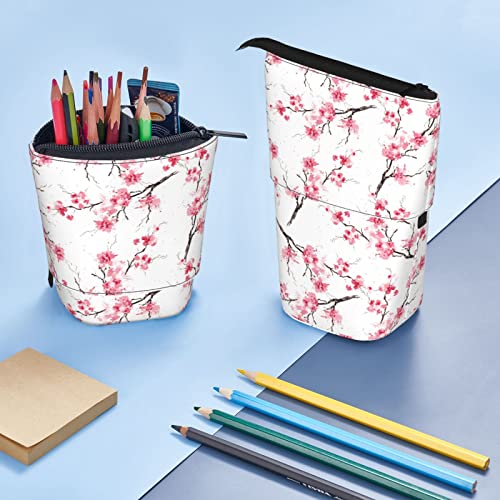 Arasrsey Pen Holder Pencil Telescopic Case Box, Cherry Blossom Spring Flowers, Stand up Pencil Bag with Zipper for School Office