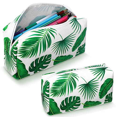 2 Pieces Tree Leaves Pencil Case Large Capacity Canvas Pencil Bag Aesthetic Pencil Case Stationary Cute Pencil Pouch Makeup Cosmetic Bag with Zipper for Kids Boys Girls Student Women Men School Office