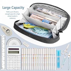 Pencil Case, Koncci Big Capacity Pencil Case for Girls and Boys, Aesthetic Large Storage Pen Pouch Bag with Zippers and Handle for School College Office Students Adults (Dark Grey)