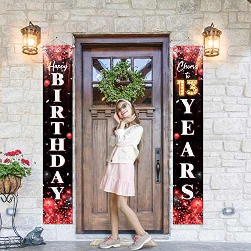 5665 Happy 13th Birthday Porch Sign Door Banner Decor Red and Black – Glitter Cheers to 13 Years Old Birthday Party Theme