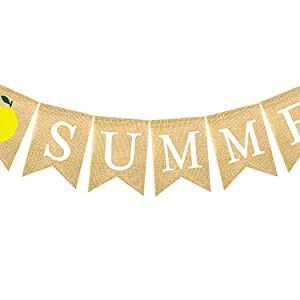 FAKTEEN Hello Summer Burlap Banner with Lemon Bunting for Hawaiian Summer Party Supplies Garland Home Mantel Fireplace Decorations