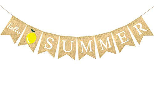 FAKTEEN Hello Summer Burlap Banner with Lemon Bunting for Hawaiian Summer Party Supplies Garland Home Mantel Fireplace Decorations