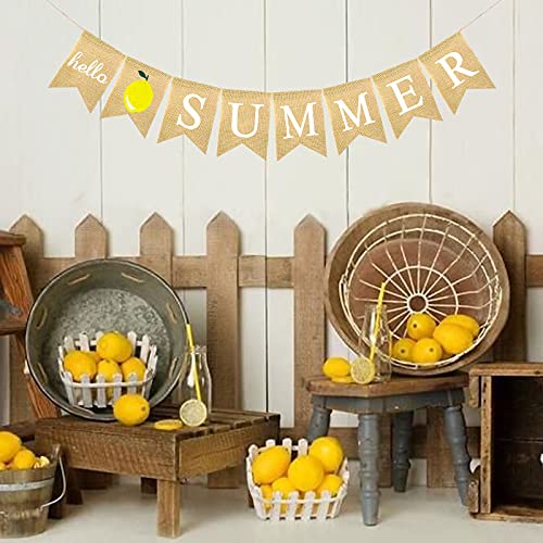 FAKTEEN Hello Summer Burlap Banner with Lemon Bunting for Hawaiian Summer Party Supplies Garland Home Mantel Fireplace Decorations