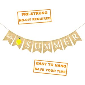 FAKTEEN Hello Summer Burlap Banner with Lemon Bunting for Hawaiian Summer Party Supplies Garland Home Mantel Fireplace Decorations