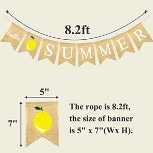 FAKTEEN Hello Summer Burlap Banner with Lemon Bunting for Hawaiian Summer Party Supplies Garland Home Mantel Fireplace Decorations