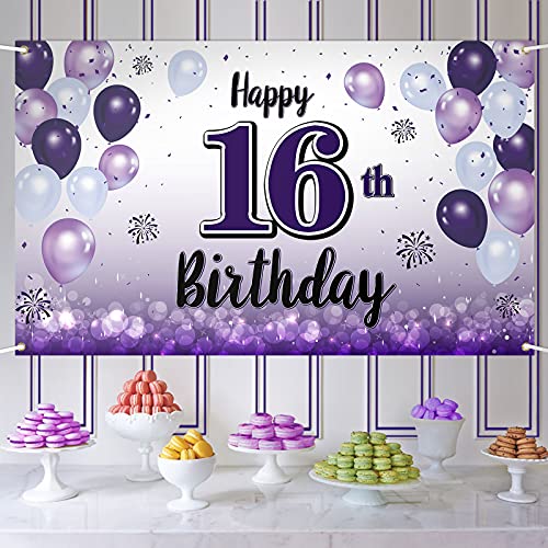 LASKYER Happy 16th Birthday Purple Large Banner - Cheers to Sixteen Years Old Birthday Home Wall Photoprop Backdrop,16th Birthday Party Decorations.