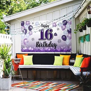 LASKYER Happy 16th Birthday Purple Large Banner - Cheers to Sixteen Years Old Birthday Home Wall Photoprop Backdrop,16th Birthday Party Decorations.