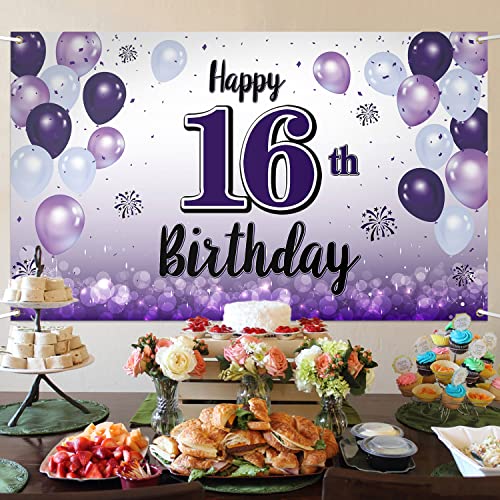 LASKYER Happy 16th Birthday Purple Large Banner - Cheers to Sixteen Years Old Birthday Home Wall Photoprop Backdrop,16th Birthday Party Decorations.