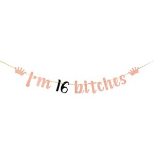 rose gold glitter i’m 16 bitches banner – happy 16th birthday banner – girl’s 16th birthday party decorations – sixteen years old birthday banner