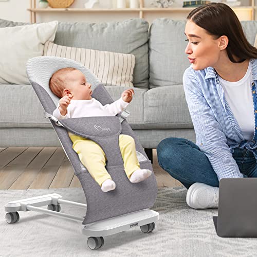 Baby-Bouncer-Seat-for-Infants: Portable Bouncer for Babies 0-6 Months：Infant Bouncers & Rockers： Baby Rocker for Infants with Removable Wheels: Adjustable Multi Position Infant Bouncer Seat