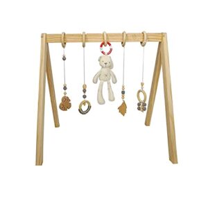ecoade wooden play gym – activity gym for baby with 4 hanging wooden baby toys and 1 bunny rattle, gender neutral boho nursery decor, minimalist baby nursery