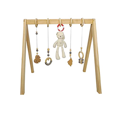 ECOADE Wooden Play Gym - Activity Gym for Baby with 4 Hanging Wooden Baby Toys and 1 Bunny Rattle, Gender Neutral Boho Nursery Decor, Minimalist Baby Nursery