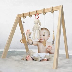 ECOADE Wooden Play Gym - Activity Gym for Baby with 4 Hanging Wooden Baby Toys and 1 Bunny Rattle, Gender Neutral Boho Nursery Decor, Minimalist Baby Nursery