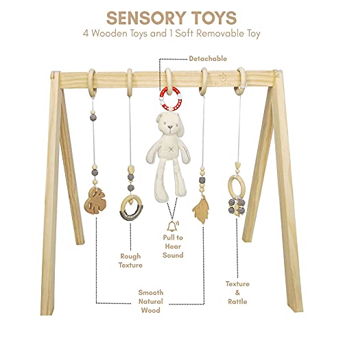 ECOADE Wooden Play Gym - Activity Gym for Baby with 4 Hanging Wooden Baby Toys and 1 Bunny Rattle, Gender Neutral Boho Nursery Decor, Minimalist Baby Nursery