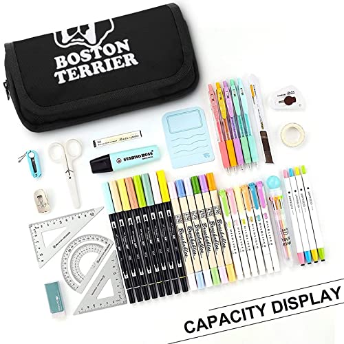 Boston Terrier Large Capacity Pencil Case Multi-Slot Pencil Bag Portable Pen Storage Pouch with Zipper