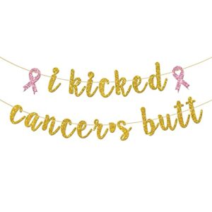 innoru i kicked cancer’s butt banner, cancer surviving party decorations, pink ribbon hope, cancer theme party decoration gold glitter