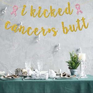 INNORU I Kicked Cancer's Butt Banner, Cancer Surviving Party Decorations, Pink Ribbon Hope, Cancer Theme Party Decoration Gold Glitter