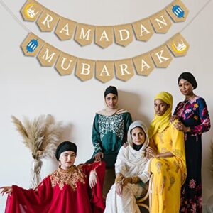 PTFNY Ramadan Mubarak Burlap Banner Muslim Ramadan Mubarak Bunting Banner Garland with Moon Castle Lantern Signs for Islamic Ramadan Eid Festival Celebration Mantle Fireplace Wall Party Decorations