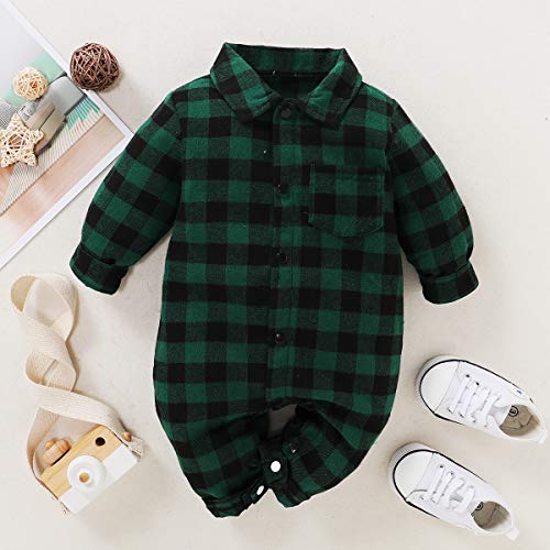 LYSMuch Newborn Baby Boys Plaid Romper Infant Onesie Jumpsuit Outfit Kid's Fall Clothes (0-3 Months, Green Plaid Long Sleeved Romper)