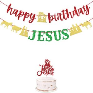 happy birthday jesus glitter banner pre-strung happy birthday jesus cake topper for christian christmas jesus’ birthday decor