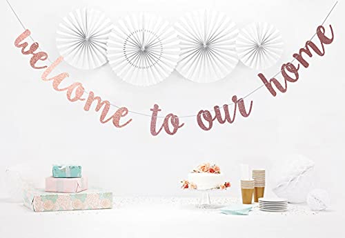 Starsgarden Glitter Rose Gold Welcome to Our Home Banner for Housewarming Patriotic Military Decoration Family Party Supplies Cursive Bunting Photo Booth Props Sign