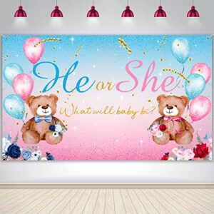 bear gender reveal party decoration he or she gender reveal backdrop banner what will baby be background blue pink bear banner for baby shower wall decorations, 5.9 x 3.6 ft