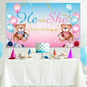 Bear Gender Reveal Party Decoration He or She Gender Reveal Backdrop Banner What Will Baby Be Background Blue Pink Bear Banner for Baby Shower Wall Decorations, 5.9 x 3.6 ft