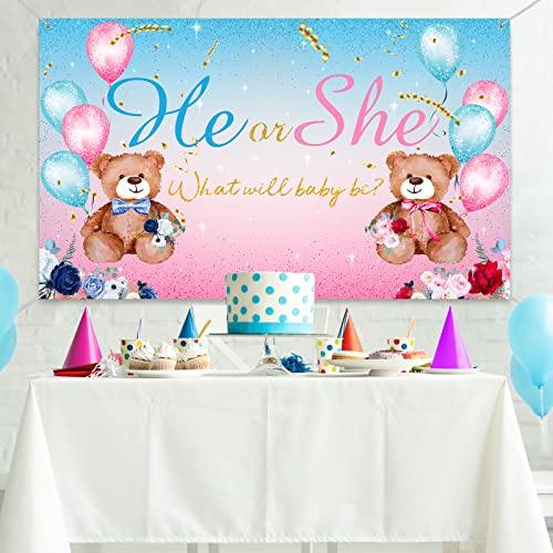Bear Gender Reveal Party Decoration He or She Gender Reveal Backdrop Banner What Will Baby Be Background Blue Pink Bear Banner for Baby Shower Wall Decorations, 5.9 x 3.6 ft