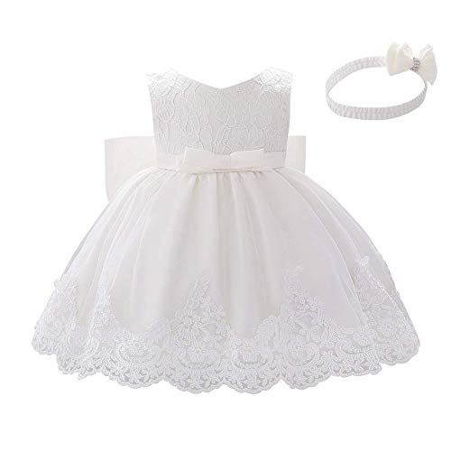 Toddler Baby Flower Girl Princess Lace Dress First Baptism Communion Bowknot Formal Embroidery Tutu Gown Elegant Wedding Bridesmaid Birthday Party Dresses Up with Headwear White 6-9 Months