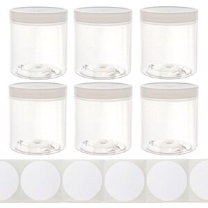 8oz plastic wide-mouth storage jars (6 pack) with labels – large straight-sided clear empty refillable containers with white screw-on lids – 70mm 70-400 70/400