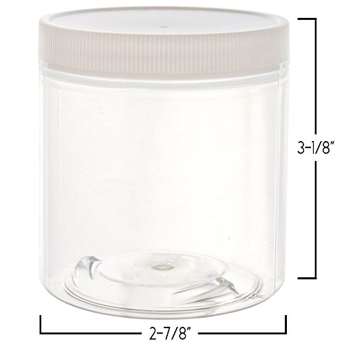 8oz Plastic Wide-Mouth Storage Jars (6 pack) with labels - Large straight-sided clear empty refillable containers with white screw-on lids - 70mm 70-400 70/400