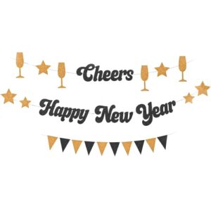 house of party new year paper banner pack – cheers, happy new year, triangle banner – silver gold and black glitter new years decor nye decorations 2022