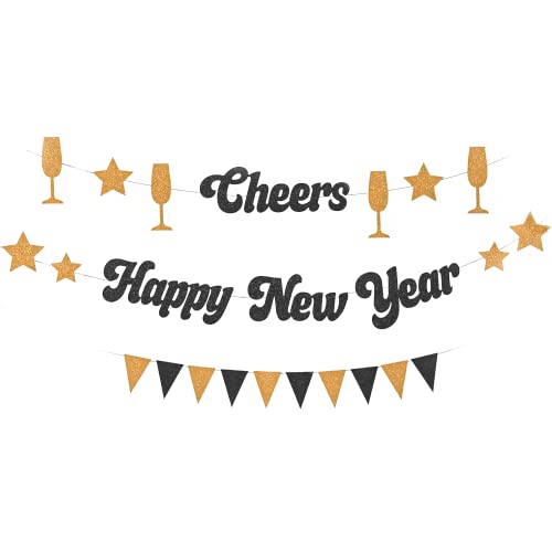 HOUSE OF PARTY New Year Paper Banner Pack - Cheers, Happy New Year, Triangle Banner - Silver Gold and Black Glitter New Years Decor NYE Decorations 2022