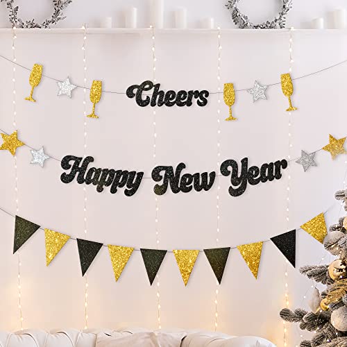 HOUSE OF PARTY New Year Paper Banner Pack - Cheers, Happy New Year, Triangle Banner - Silver Gold and Black Glitter New Years Decor NYE Decorations 2022